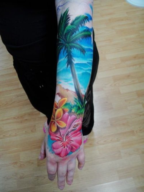 Colored Flowers and Beautiful Palm Tree Tattoo